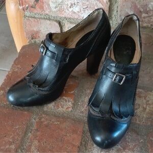 Frye Women's Black Miranda Kiltie Oxfords Fringe Buckle 4" Heels
